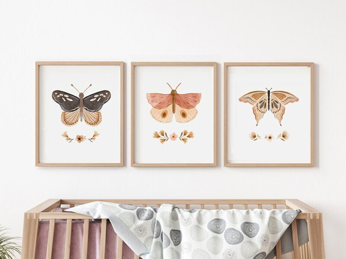 Blush butterfly canvas set for baby girl nursery, boho wall decor trio in soft pastel pink and beige with watercolor wings | Family Wall Decor