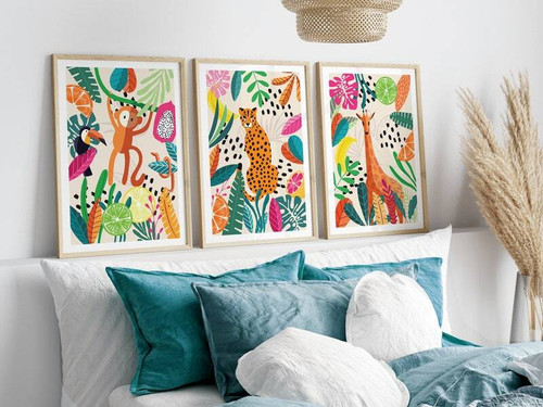 Colorful safari nursery canvas set with lion, elephant, giraffe in jungle, playful wall art for nursery or playroom | Family Wall Decor