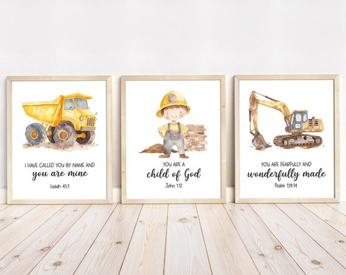 Christian construction nursery canvas with blue dump truck, personalized name and scripture verse; portrait for baby boy | Family Wall Decor