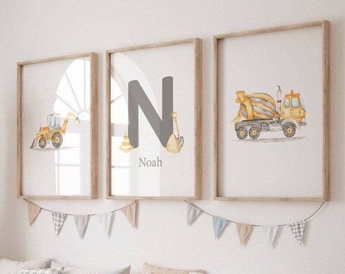Construction-themed nursery canvas set personalized with baby name, yellow trucks and road signs for boy's room wall decor | Family Wall Decor