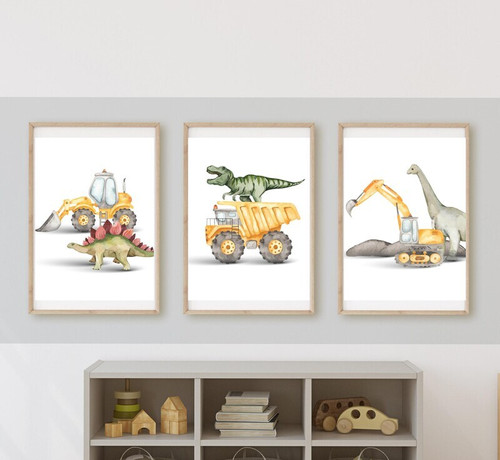 Construction dinosaur canvas set for nursery wall art, hardhat dinos with excavator and dump truck in blue and yellow | Family Wall Decor