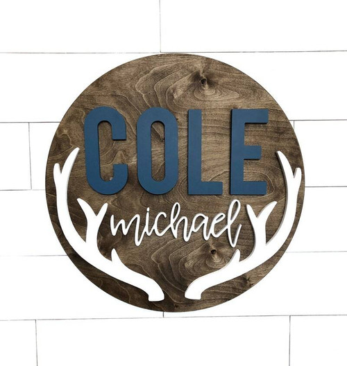 Antler hunting nursery wood sign, personalized with baby boy’s name, rustic wall decor for boys’ room or baby nursery. | Familywalldecor