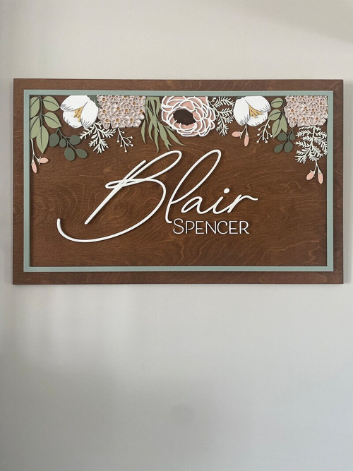 floral nursery sign, personalized baby girl name on wood hanging plaque for sweet flower-themed nursery wall decor | Family Wall Decor
