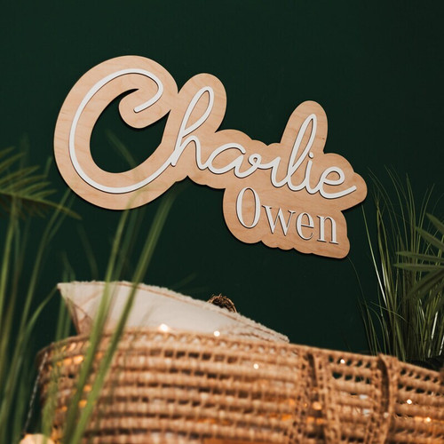 Personalized nursery name sign, custom wooden wall decor with script font, natural wood finish for baby room or shower gift | Family Wall Decor