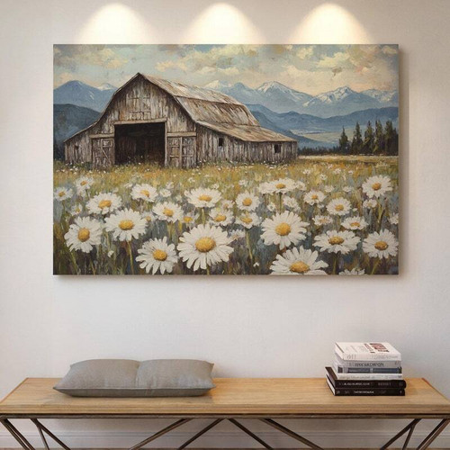 Rustic farmhouse canvas art of daisies in a sunlit countryside meadow, landscape in warm tones for living room decor | Family Wall Decor