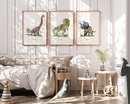 Dinosaur nursery art canvas set, watercolor T-Rex, Triceratops, Brontosaurus in blues and greens for baby boy nursery wall | Family Wall Decor