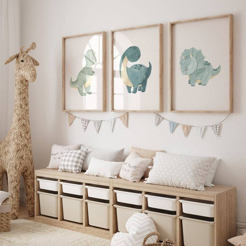 Dinosaur nursery canvas art with gentle pastel dinosaur and stars, wall decor for a baby boy nursery, bedtime theme | Family Wall Decor