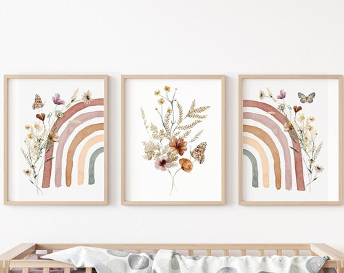 Boho rainbow wildflower nursery canvas set of 3, soft pastel pink and terracotta, triptych wall art for baby girl room decor | Family Wall Decor