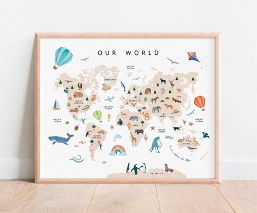 Safari animal world map canvas wall art with labeled continents and oceans, watercolor animals for kids room decor | Family Wall Decor