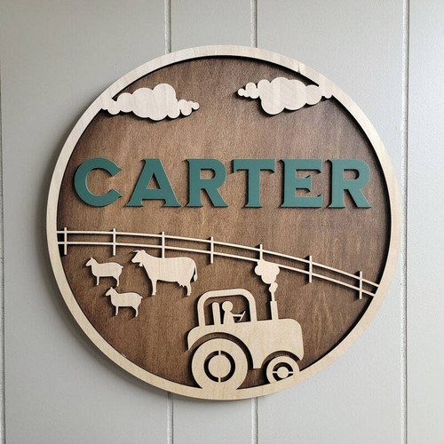 Farm-themed baby boy nursery wood sign personalized with name, rustic barn and tractor art, blue accents, landscape layout | Familywalldecor