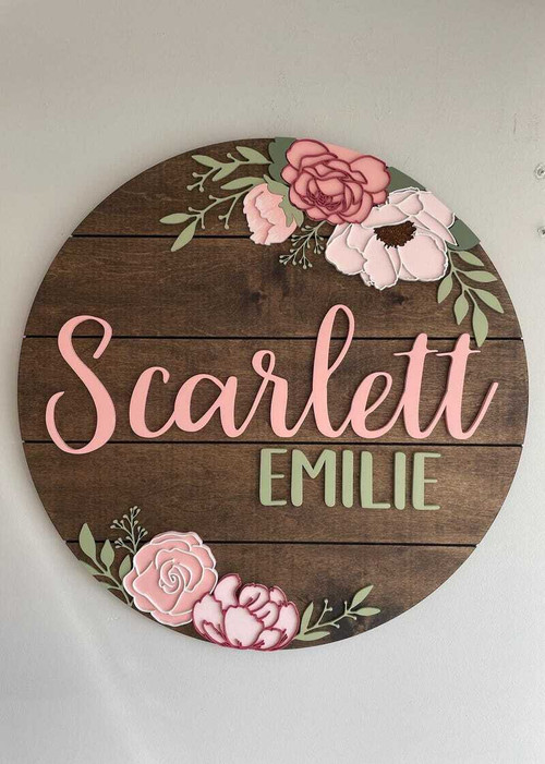 Floral baby girl name sign, custom nursery wall decor with layered flower design and baby’s name in pink 3D letters | Family Wall Decor UK