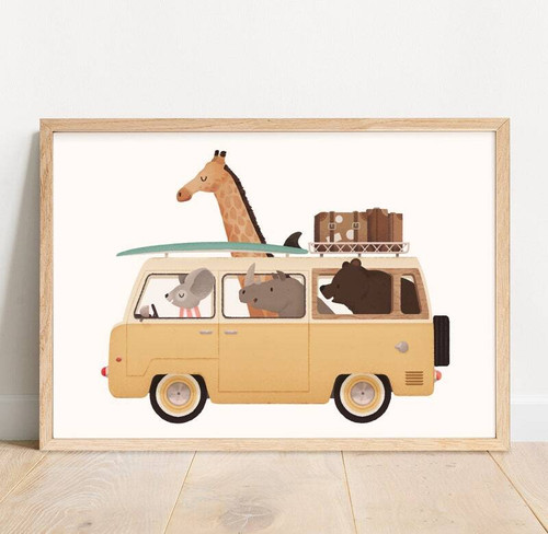 Funny animal canvas featuring a cute bear and giraffe, whimsical nursery wall art for kids’ room decor in soft pastel tones | Family Wall Decor