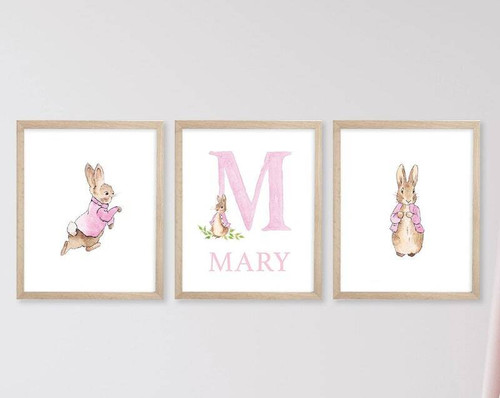 Peter Rabbit watercolor canvas wall art for baby girl nursery, personalized with custom name; pastel design for newborn decor | Family Wall Decor