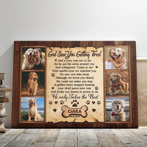 Dog memorial canvas with 'God Saw You Getting Tired' poem, portrait, neutral beige, thoughtful pet sympathy gift for dog loss | Family Wall Decor