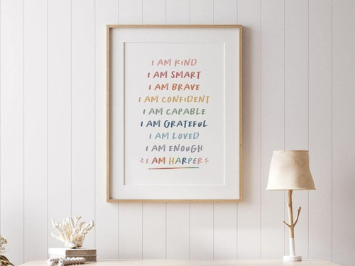 Nursery quotes affirmation canvas with "I am kind, smart, loved" in soft pastels, portrait art for baby nursery wall | Family Wall Decor