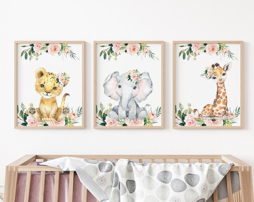 Safari jungle nursery canvas wall art, personalized with baby girl’s name, adventure decor for a jungle-themed nursery | Family Wall Decor
