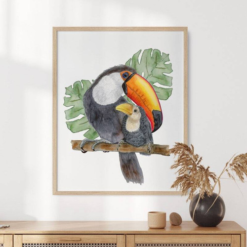 Jungle toucan watercolor nursery canvas wall art, boho style with tropical leaves, soft neutrals for kids room decor | Family Wall Decor