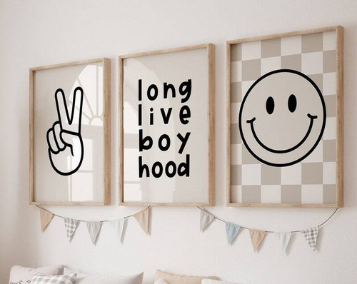 Boy nursery canvas wall art featuring a checkered pattern and "Long Live Boyhood" quote, perfect decor for a kids room. | Family Wall Decor