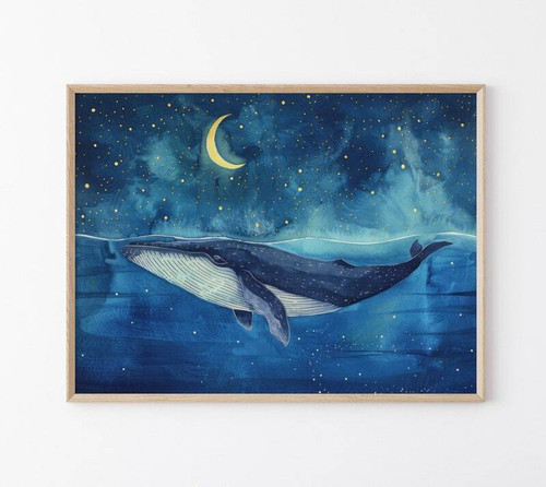Whale watercolor canvas wall art for nursery, soft blue palette with waves, premium print for baby's room decor | Family Wall Decor