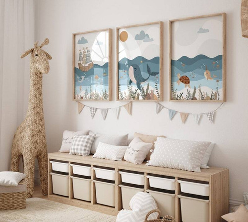 Nautical nursery canvas set wall art with anchors, sailboat, and whale in navy and aqua for ocean theme baby boy room | Family Wall Decor