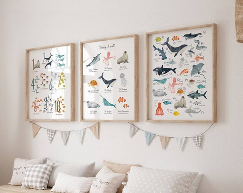 Nautical ocean animal alphabet canvas set for nursery, A-Z sea creature prints add coastal kids room wall art decor | Family Wall Decor