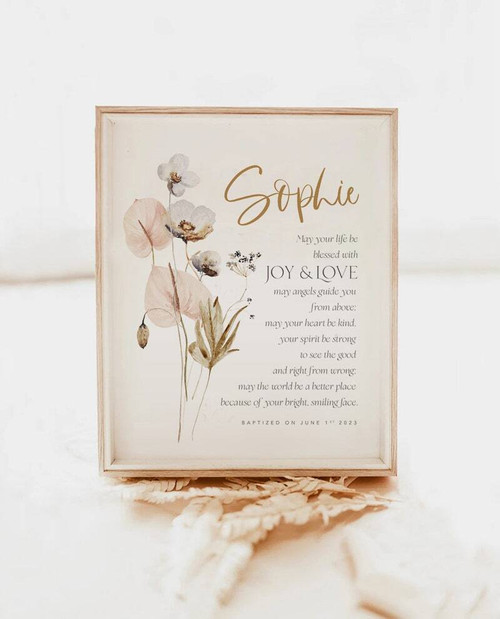 Personalized baptism canvas for baby girl godchild, blush floral wreath, custom name and date, thoughtful nursery wall gift | Family Wall Decor