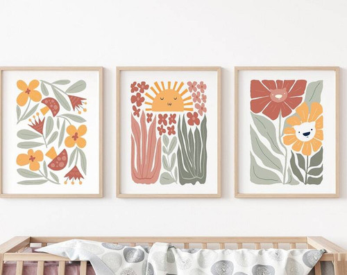 Boho baby girl nursery canvas wall art set of 3, modern minimalist in soft neutral tones for calming nursery decor | Family Wall Decor