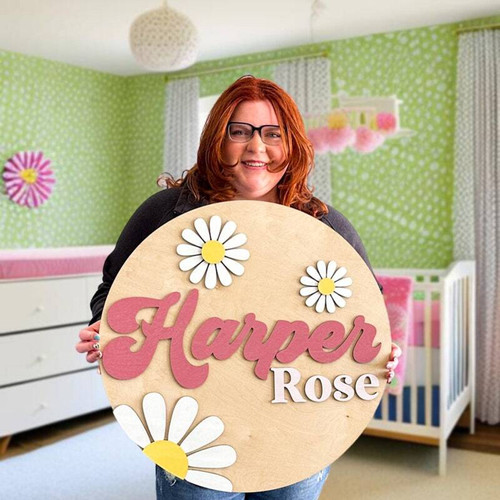 Daisy flower 3D wood sign personalized for baby girl nursery wall above crib, boho decor with layered floral details | Familywalldecor