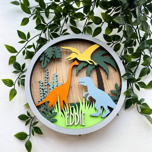 Dinosaur round wood nursery sign with custom name, handcrafted wall art for baby boy room, round hanging decor plaque | Familywalldecor
