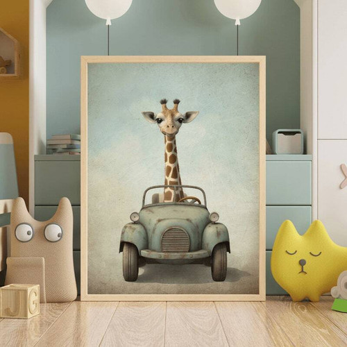 Giraffe safari canvas wall art featuring a cute giraffe driving a car, playful animal print for boys room nursery decor | Family Wall Decor