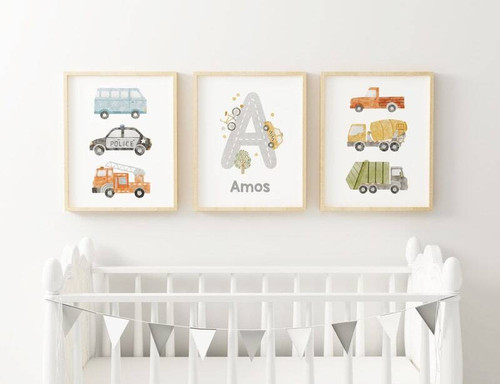 Vehicle nursery wall art canvas with trucks and cars, personalized baby boy name, playful playroom decor in soft blue | Familywalldecor