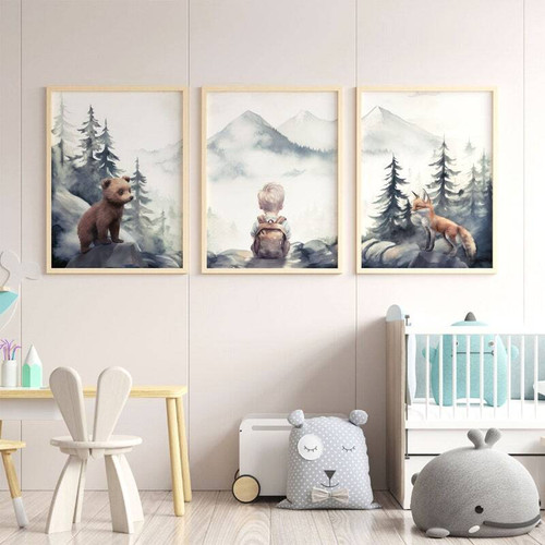 Woodland nursery canvas art prints with bear and fox, boys room wall decor in earth tones for a cozy forest look | Family Wall Decor