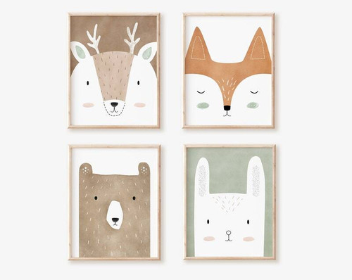 Woodland deer and fox nursery canvas wall art, personalized with baby name, neutral watercolor design for kids room decor | Family Wall Decor