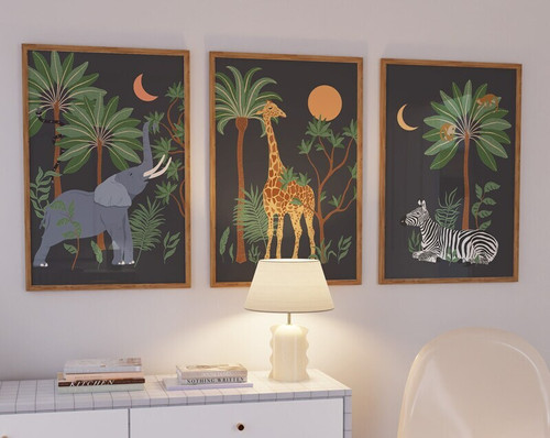 Safari animal canvas set featuring a giraffe portrait with jungle leaves, nursery wall decor in warm neutral tones. | Family Wall Decor