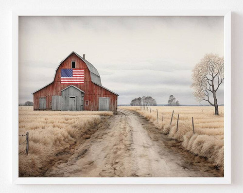 Rustic farmhouse American flag barn canvas wall art, vintage country watercolor, landscape print for cozy living room decor | Family Wall Decor
