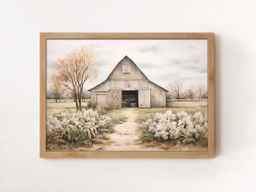 Rustic farmhouse canvas wall art with gray barn and wildflowers, neutral palette, perfect for living room wall decor | Family Wall Decor