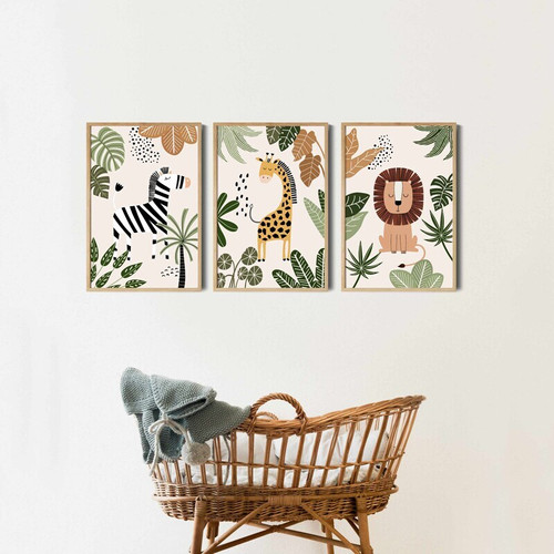 Safari jungle animals nursery canvas print set, lion giraffe elephant trio in boho neutral tones, wall art for playroom | Family Wall Decor