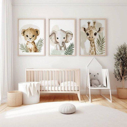 Safari nursery canvas with baby lion, elephant, and giraffe amid tropical leaves, calming wall art for baby room. | Family Wall Decor