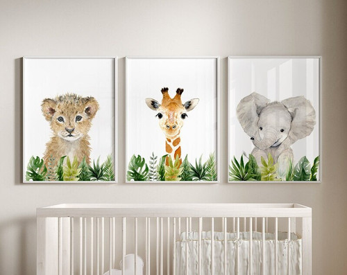 Safari nursery canvas set personalized with baby name, lion, giraffe, elephant; neutral wall art for baby shower | Family Wall Decor