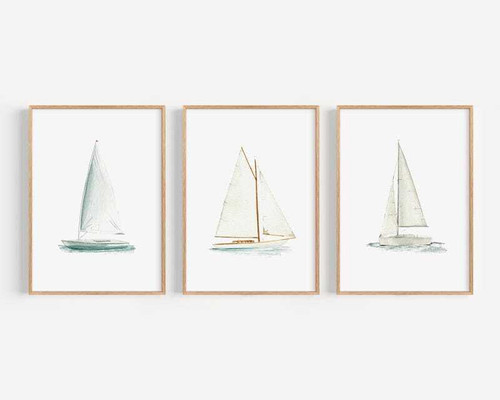Sailboat nautical nursery canvas set personalized with baby name, coastal wall art with anchor and waves for beachy decor | Family Wall Decor