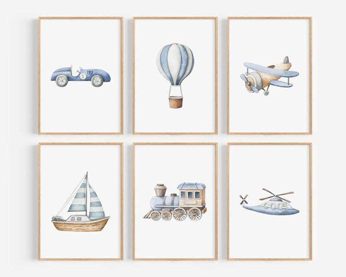 Watercolor vehicle canvas set wall art for baby boy nursery, pastel cars, trucks, and planes in soft blue and gray tones | Family Wall Decor