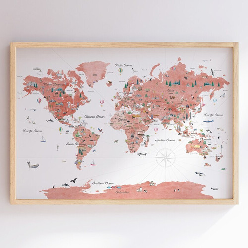 Nursery world map canvas with watercolor animals by continent, educational kids room wall art, pastel travel theme, landscape | Family Wall Decor