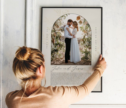 Personalized wedding song lyrics canvas with couple photo, names and date, landscape layout on linen background for anniversary | Family Wall Decor