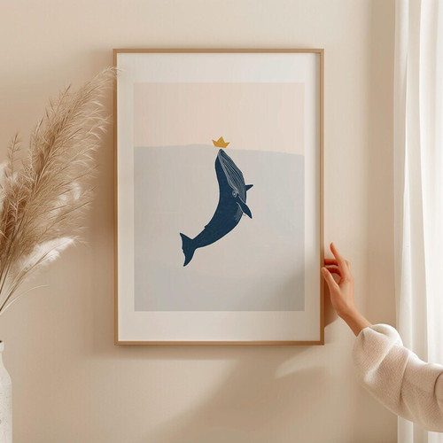 Whale nursery art canvas in navy and aqua, nautical waves and stars, perfect for baby boy nursery wall decor or playroom | Family Wall Decor