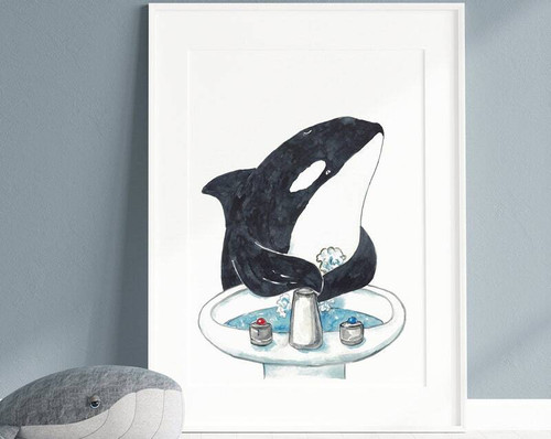 Whale nursery art canvas featuring a smiling blue whale with bubbles, cute baby bathroom wall decor, landscape style | Family Wall Decor