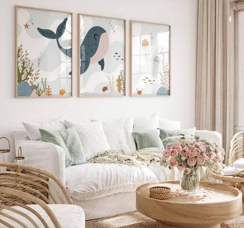 Whale nursery canvas set with nautical ocean theme, pastel blues and waves, charming wall decor for baby room or nursery | Family Wall Decor