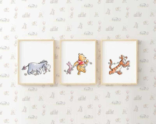 Winnie the Pooh canvas set nursery wall art, soft pastel trio with Pooh, Piglet, and honey bees for neutral baby room decor | Family Wall Decor