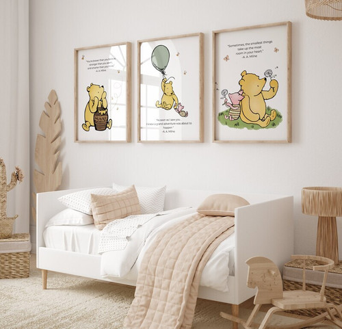 Winnie the Pooh canvas set with inspirational quotes for kids room wall decor, multi-panel nursery art in a charming style. | Family Wall Decor
