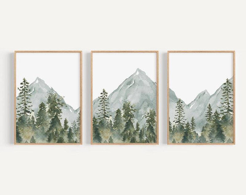Woodland nursery canvas with mountains and pine trees, personalized with baby name for rustic nursery wall decor | Family Wall Decor