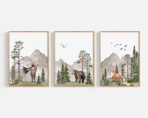 Woodland mountains and trees nursery canvas in soft watercolor greens and grays, soothing wall art for baby room decor | Family Wall Decor